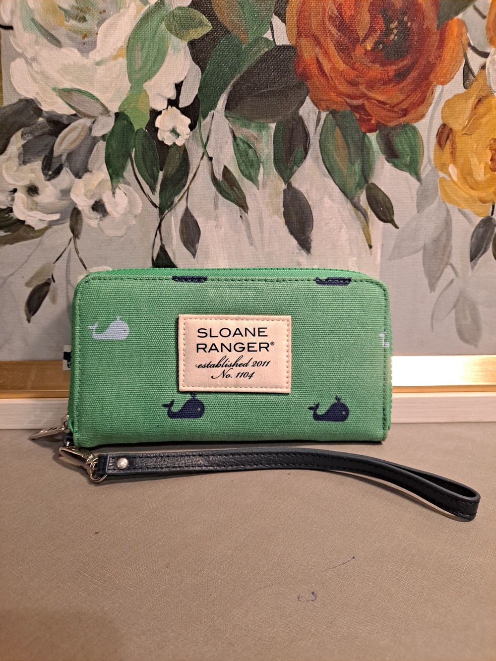 Sloane Ranger Windsor Whale Green Blue Zip-Around Wristlet Wallet Cotton Canvas